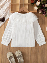 1pc Girls Ruffled Collared Button Down Lace Trim Lantern Sleeve Princess Blouse, Spring & Autumn